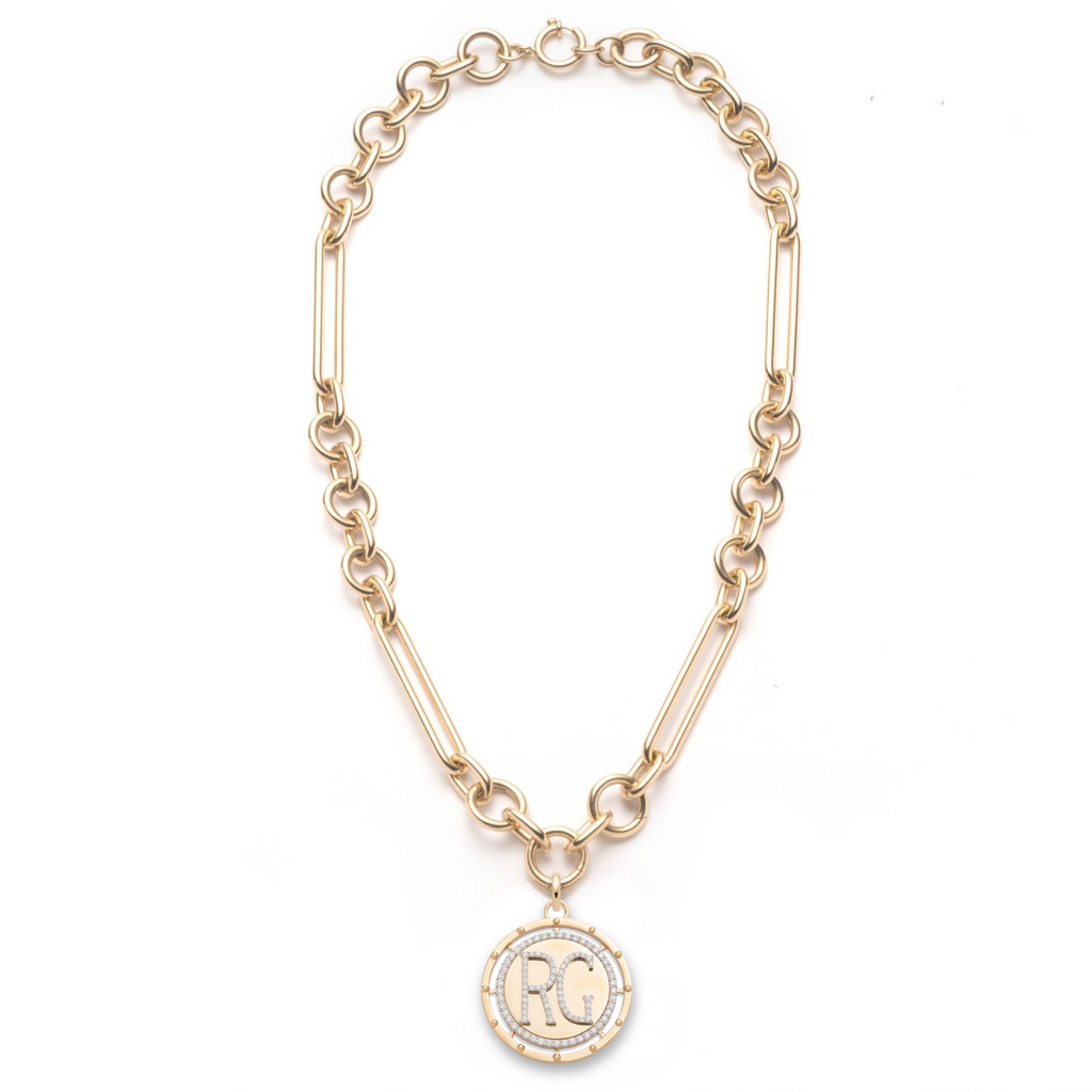 Lovestruck Pierced Custom Medallion Oversized Mixed Clip Necklace : in Yellow Gold with Pave Diamonds view 2