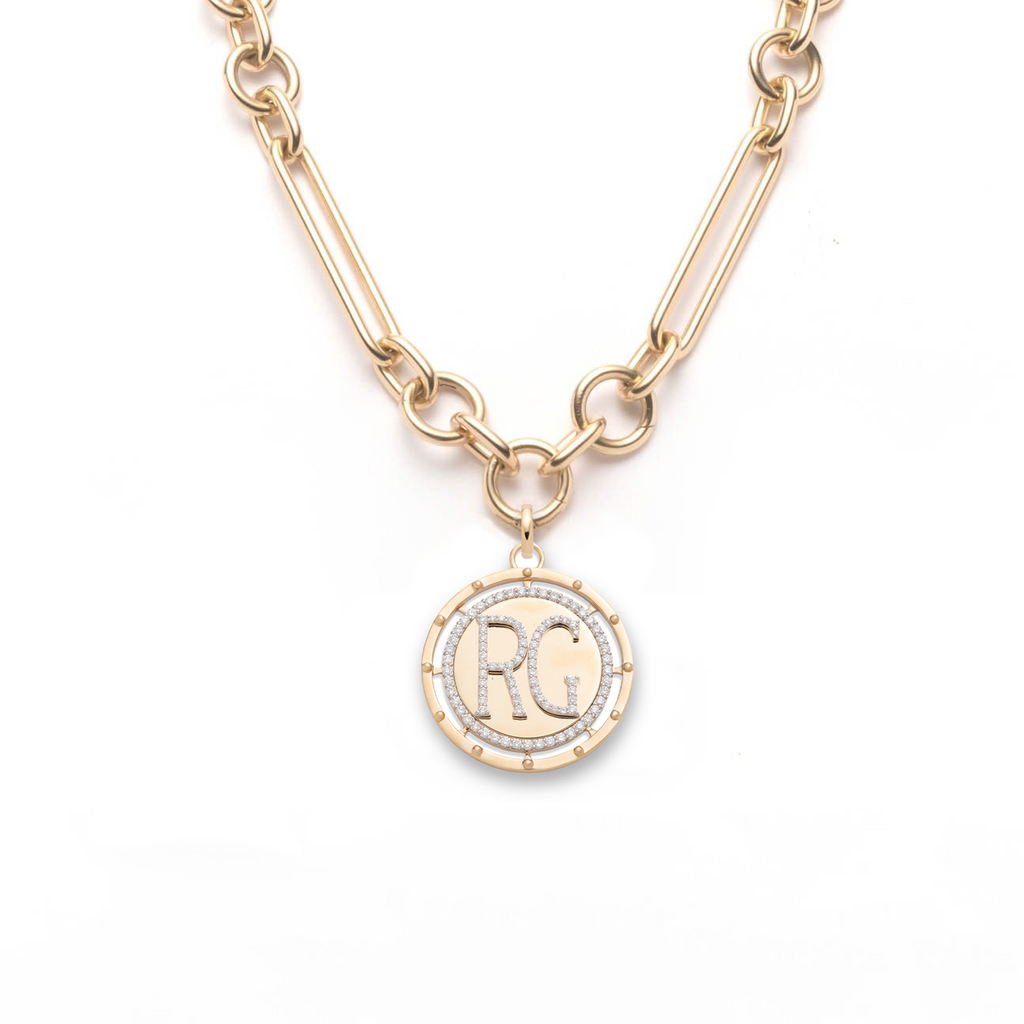 Lovestruck Pierced Custom Medallion Oversized Mixed Clip Necklace : in Yellow Gold with Pave Diamonds view 1