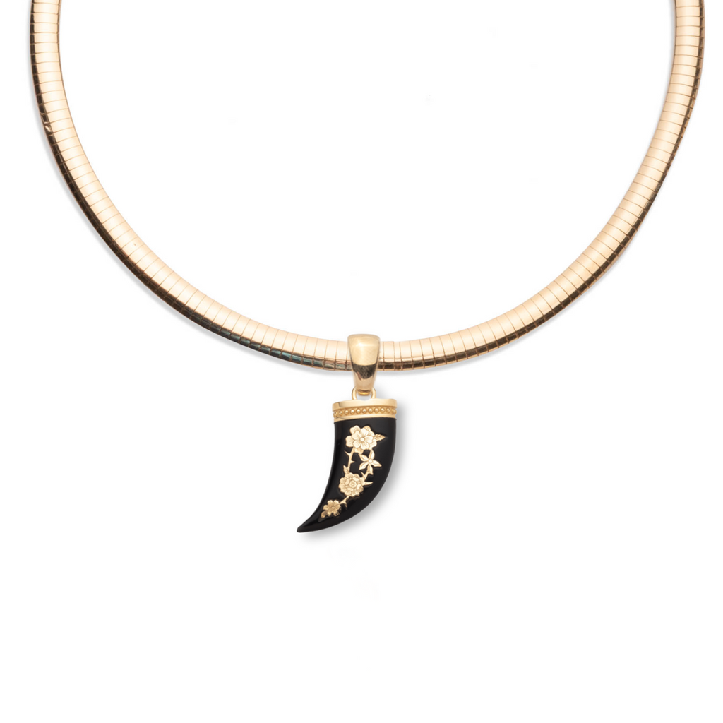 Floral Inlay La Loba Claw Medium Sleek Collar Necklace : in Yellow Gold with Ceramic view 1