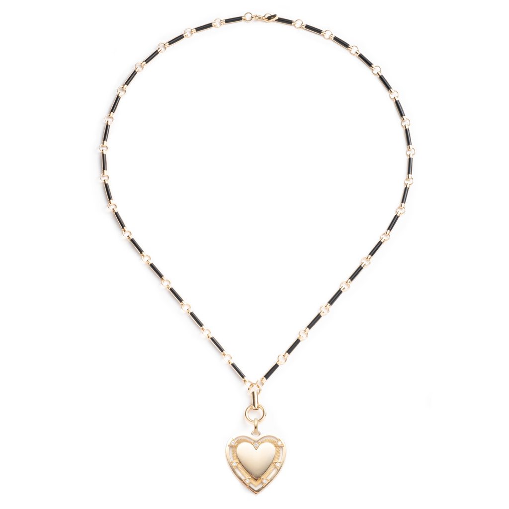 True Love Engravable Heart Onyx Stone Open Chain Necklace : in Yellow Gold with Diamonds view 2