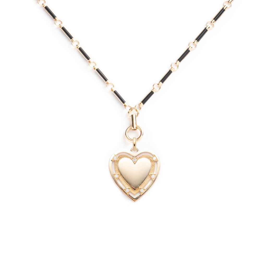 True Love Engravable Heart Onyx Stone Open Chain Necklace : in Yellow Gold with Diamonds view 1