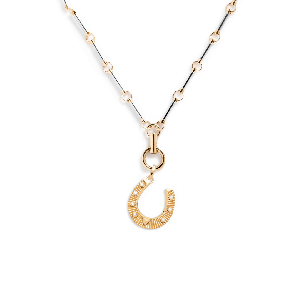 Horseshoe Hanging Clockweight Element Necklace : in Mixed Gold with Diamonds view 1