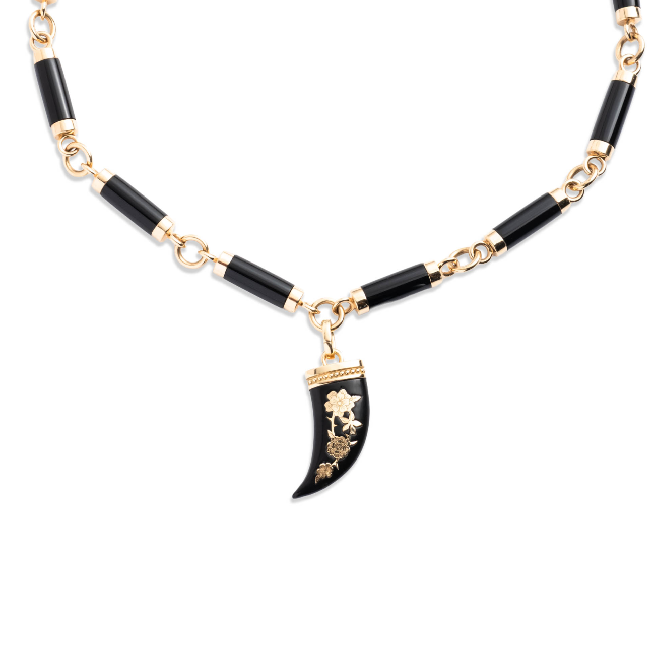 floral inlay la loba claw onyx stone oversized necklace : in yellow gold with ceramic