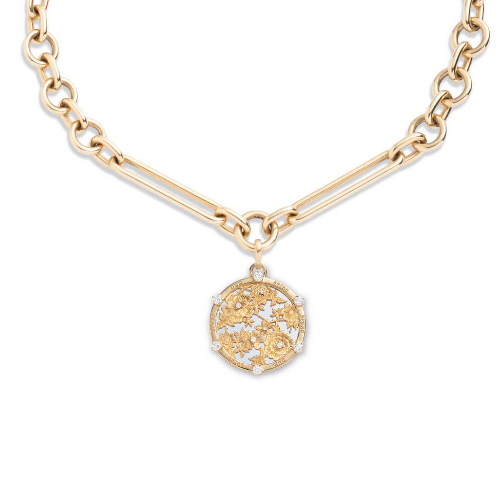 Floral Screen Resilience Oversized Mixed Clip Necklace : in Mixed Gold with Diamonds view 1