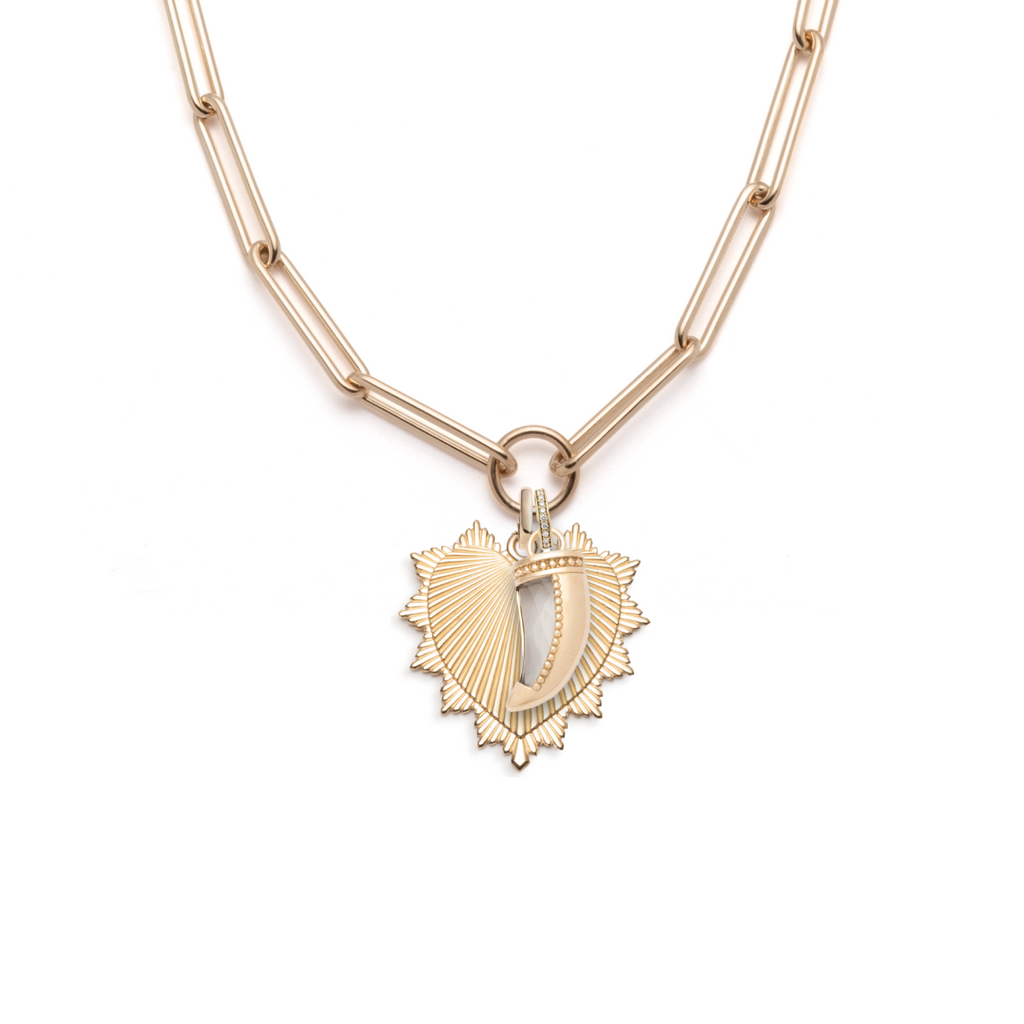 Heart Love Token and La Loba Claw Extended Clip Open Chain Story : in Yellow Gold with Green Prasiolite view 1