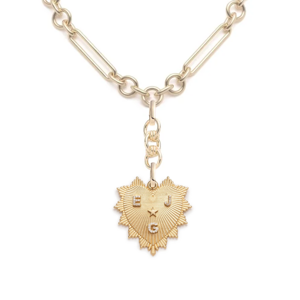 Custom Heart Love Token Midsize Mixed Clip Extension Necklace : in Yellow Gold with Pave Diamonds view 1