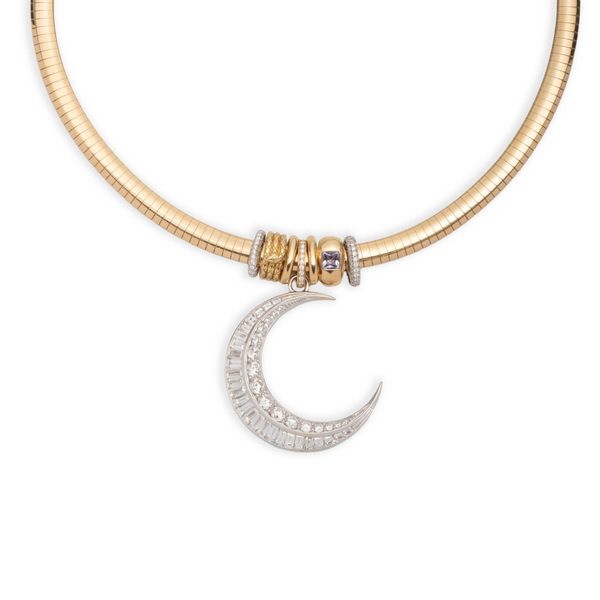 Diamond Crescent and Heart Slides Medium Sleek Collar Story : in Mixed Gold with Tanzanite