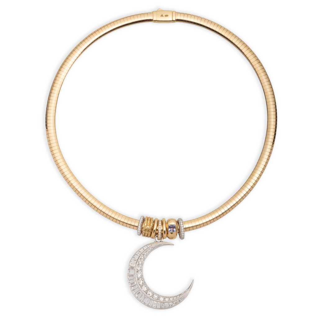 18K Mixed Gold Diamond Crescent and Heart Slides Medium Sleek Collar Story : in Mixed Gold with Tanzanite – FoundRae view 3