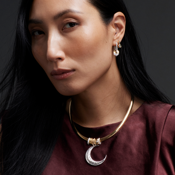 Diamond Crescent and Heart Slides Medium Sleek Collar Story : in Mixed Gold with Tanzanite