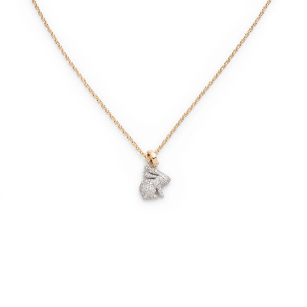 Snow Pavé Diamond Bunny Fine Belcher Necklace : in Mixed Gold with Pave Diamonds view 1