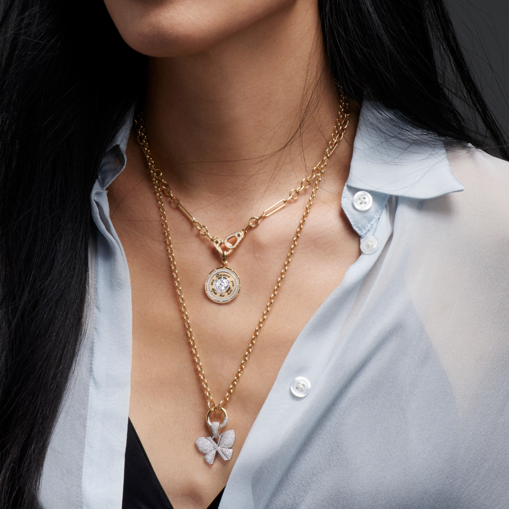Snow Pavé Diamond Butterfly Medium Belcher Open Chain Necklace : in Mixed Gold view 2