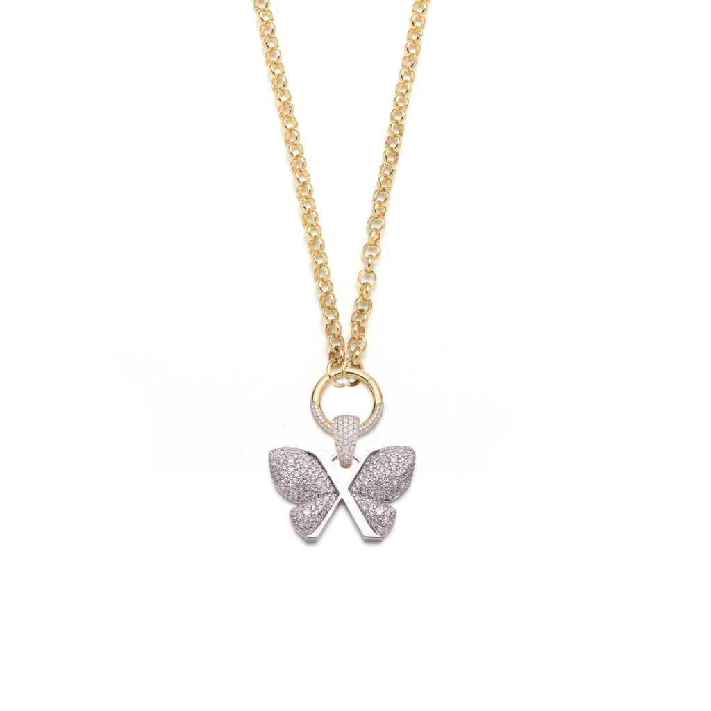 Snow Pavé Diamond Butterfly Medium Belcher Open Chain Necklace : in Mixed Gold view 1