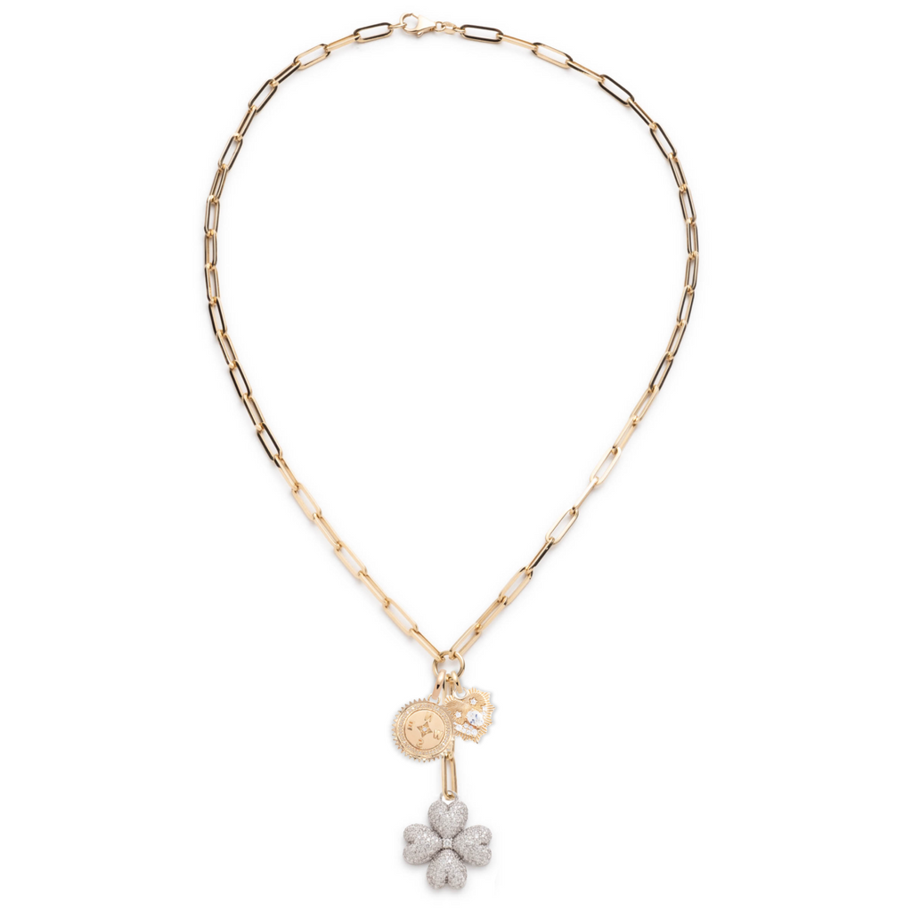 18K Mixed Gold Four Heart Clover and Internal Compass Classic Fob Clip Extension Story : in Mixed Gold with Pave Diamonds – FoundRae view 3