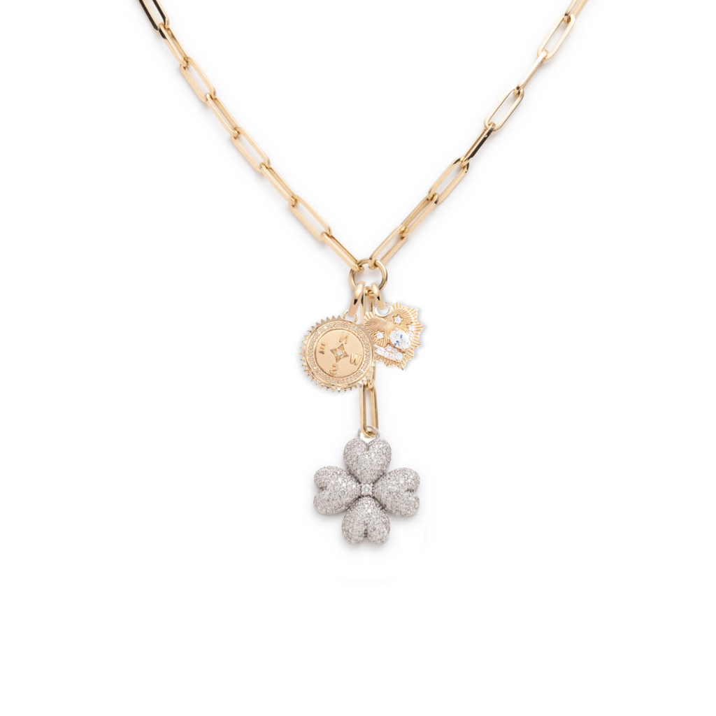 Four Heart Clover and Internal Compass Classic Fob Clip Extension Story : in Mixed Gold with Pave Diamonds view 1