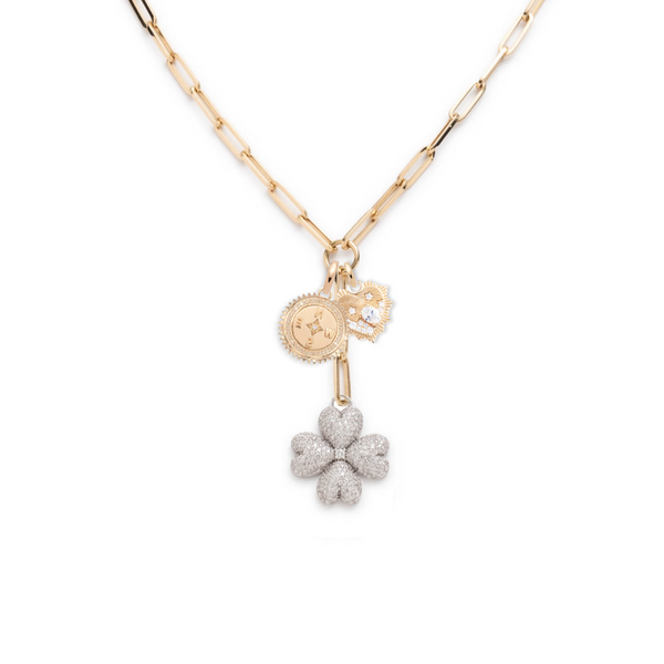 Four Heart Clover and Internal Compass Classic Fob Clip Extension Story : in Mixed Gold with Pave Diamonds