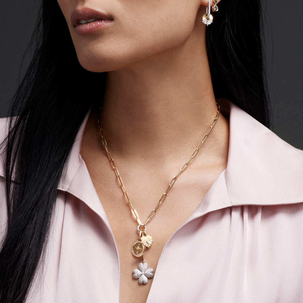 Four Heart Clover and Internal Compass Classic Fob Clip Extension Story : in Mixed Gold with Pave Diamonds view 2