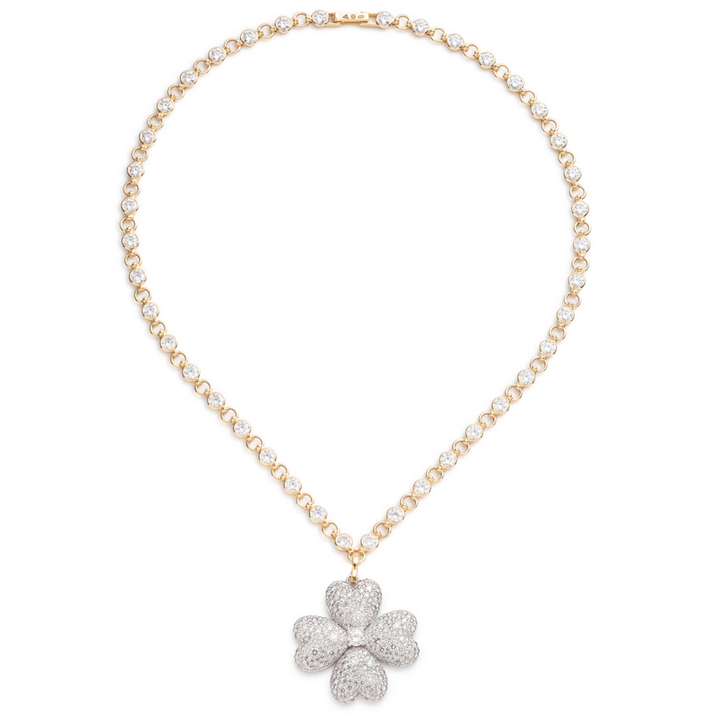Four Heart Clover Diamond Link Rivière Chain Necklace : in Mixed Gold view 2