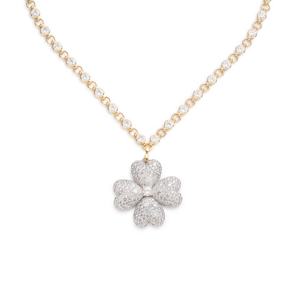 Four Heart Clover Diamond Link Rivière Chain Necklace : in Mixed Gold view 1