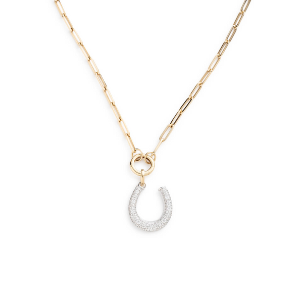 Snow Pavé Diamond Horseshoe Classic Fob Clip Open Chain Necklace : in Mixed Gold