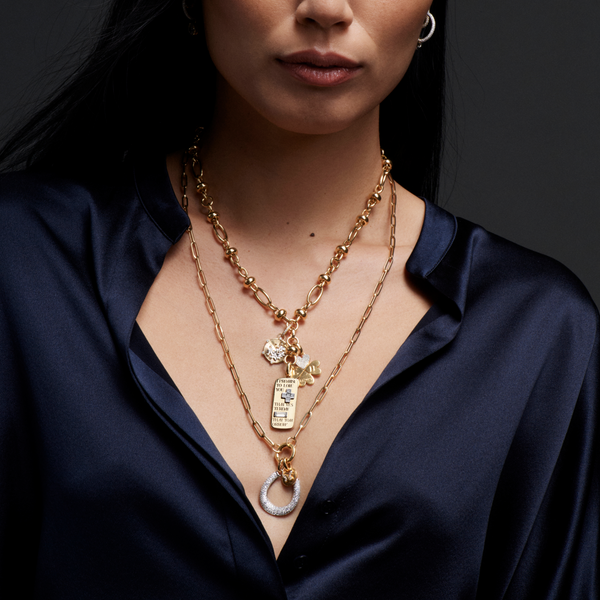 Snow Pavé Diamond Horseshoe Classic Fob Clip Open Chain Necklace : in Mixed Gold