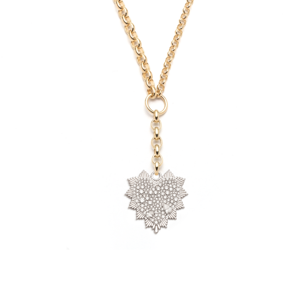 Snow Pavé Diamond Heart Love Token Heavy Mixed Belcher Extension Necklace : in Mixed Gold view 1