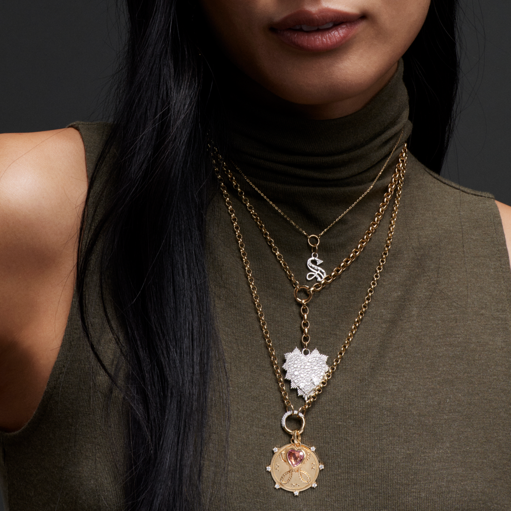 Snow Pavé Diamond Heart Love Token Heavy Mixed Belcher Extension Necklace : in Mixed Gold view 2