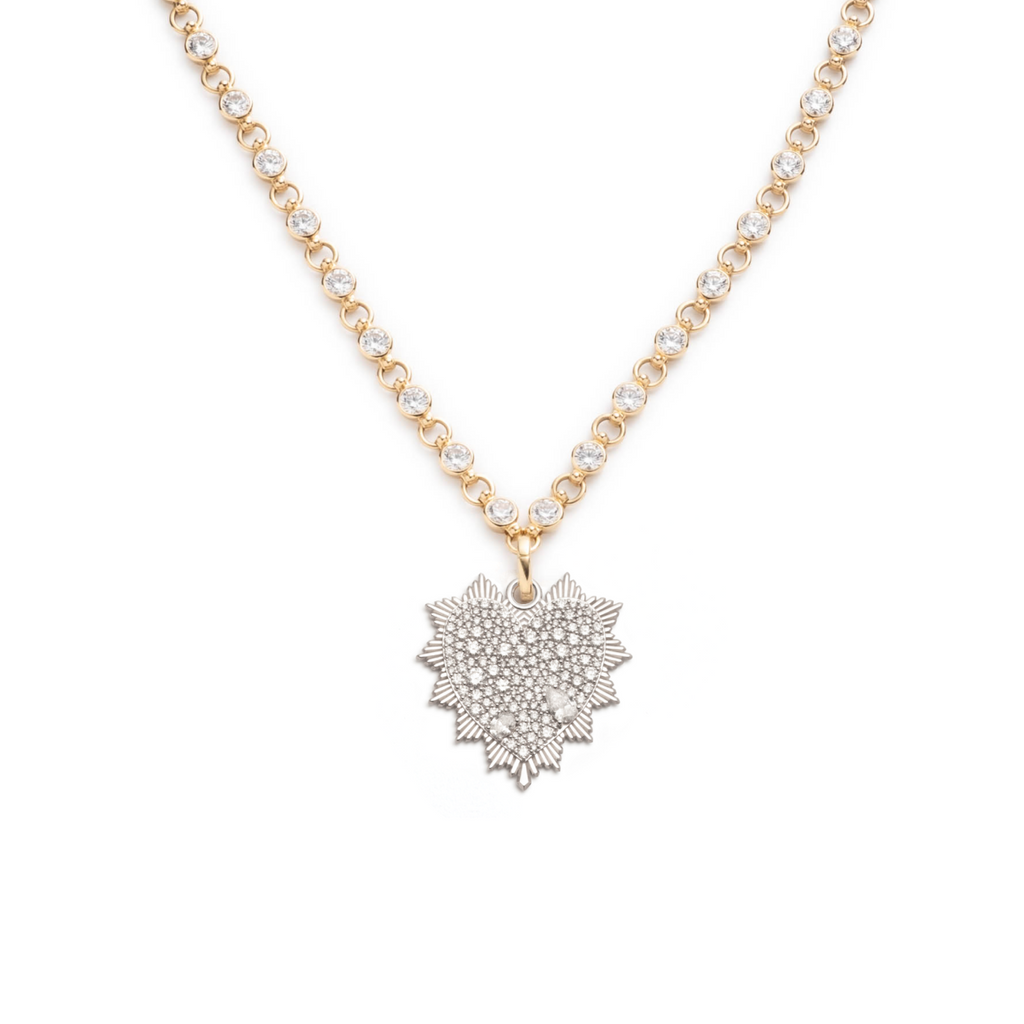 Snow Pavé Heart Love Token Diamond Link Rivière Chain Necklace : in Mixed Gold view 1