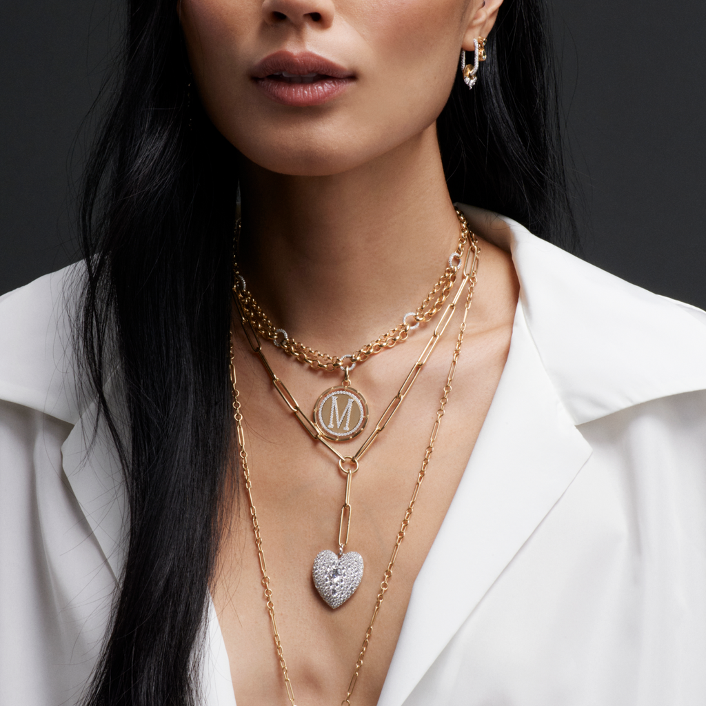 Snow Pavé Diamond Full Heart Extended Clip Extension Necklace : in Mixed Gold with Pave Diamonds view 2