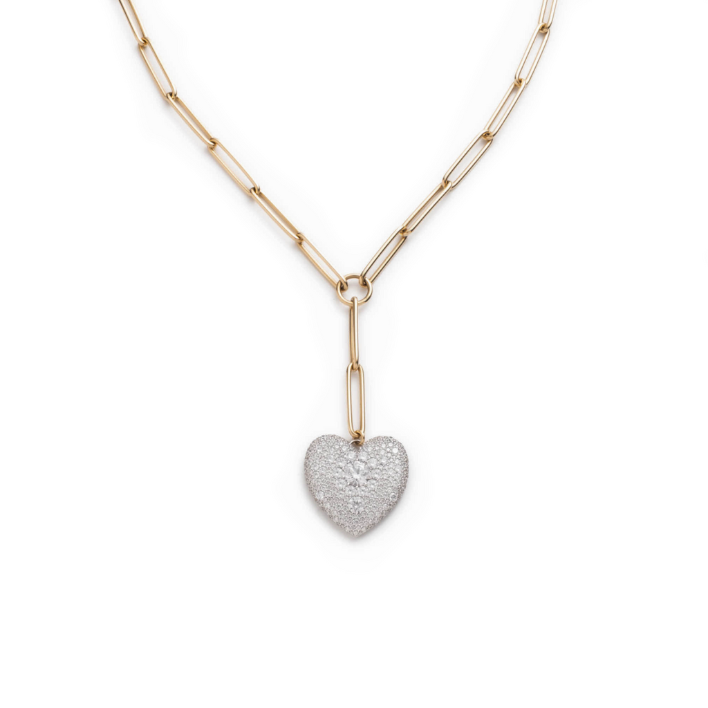 Snow Pavé Diamond Full Heart Extended Clip Extension Necklace : in Mixed Gold with Pave Diamonds view 1