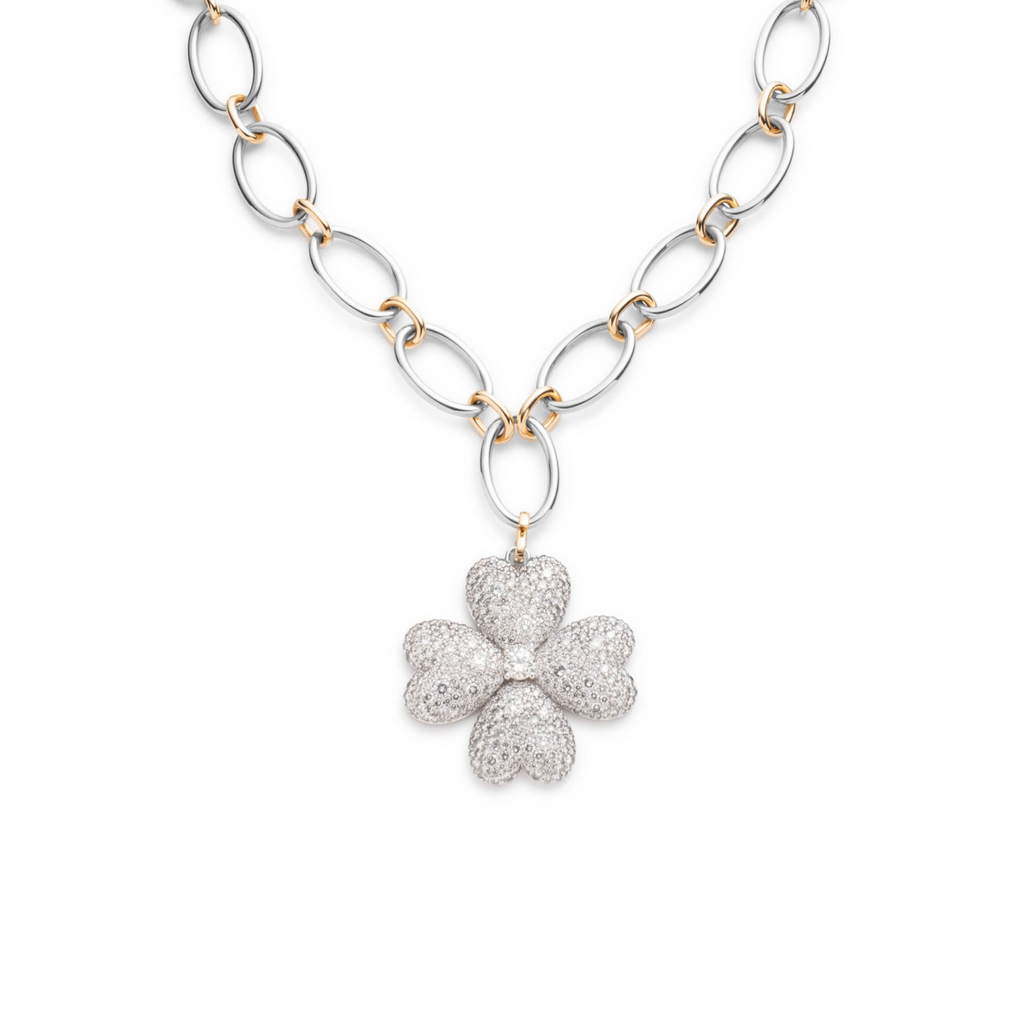 Snow Pavé Diamond Four Heart Clover Oval Link Necklace : in Mixed Gold view 1