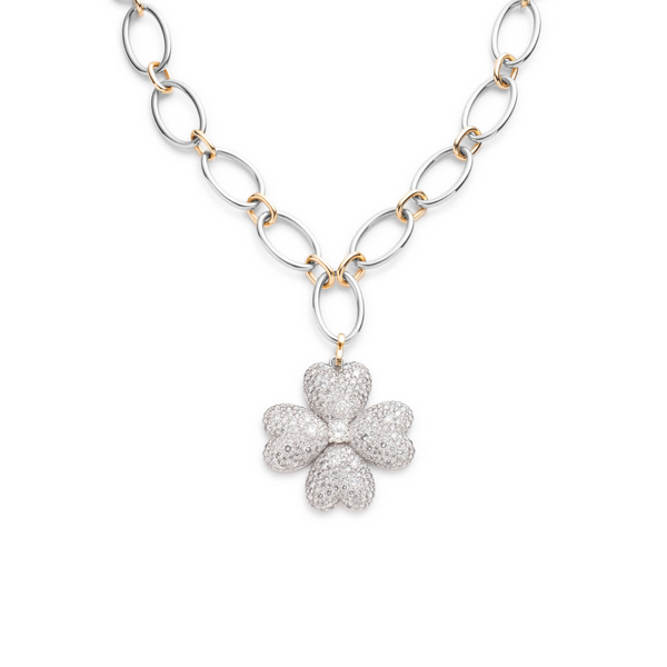 Snow Pavé Diamond Four Heart Clover Oval Link Necklace : in Mixed Gold