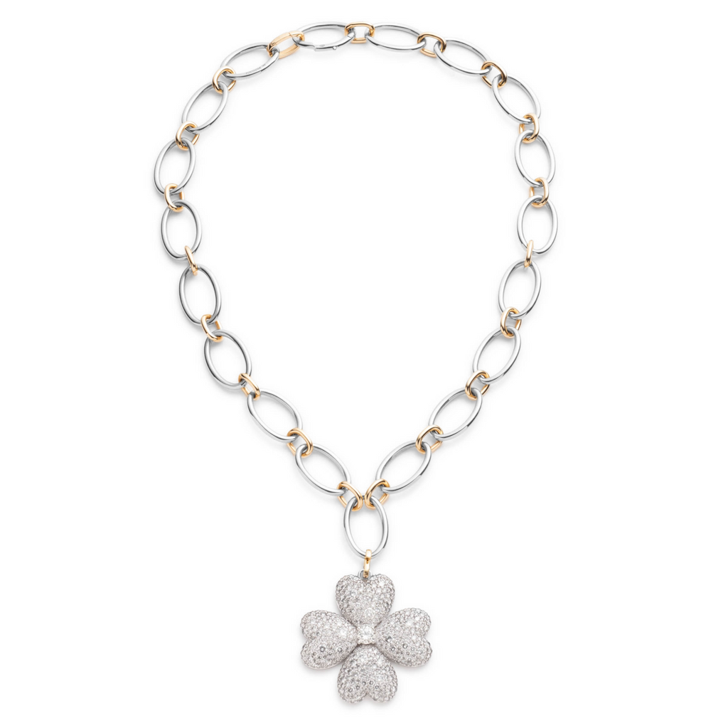 18K Mixed Gold Snow Pavé Diamond Four Heart Clover Oval Link Necklace : in Mixed Gold – FoundRae view 3