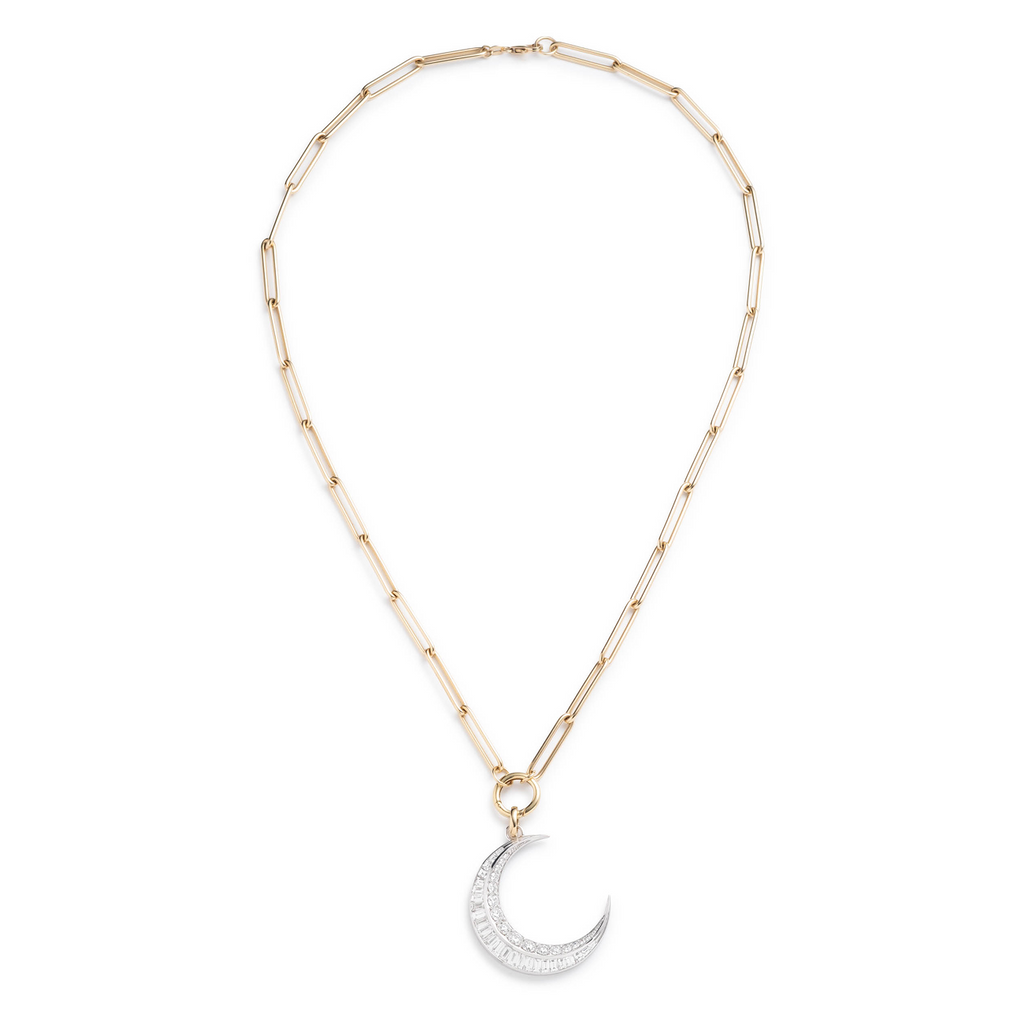 18K White Gold Diamond Crescent Hanging Clockweight Element Necklace : in Mixed Gold – FoundRae view 2