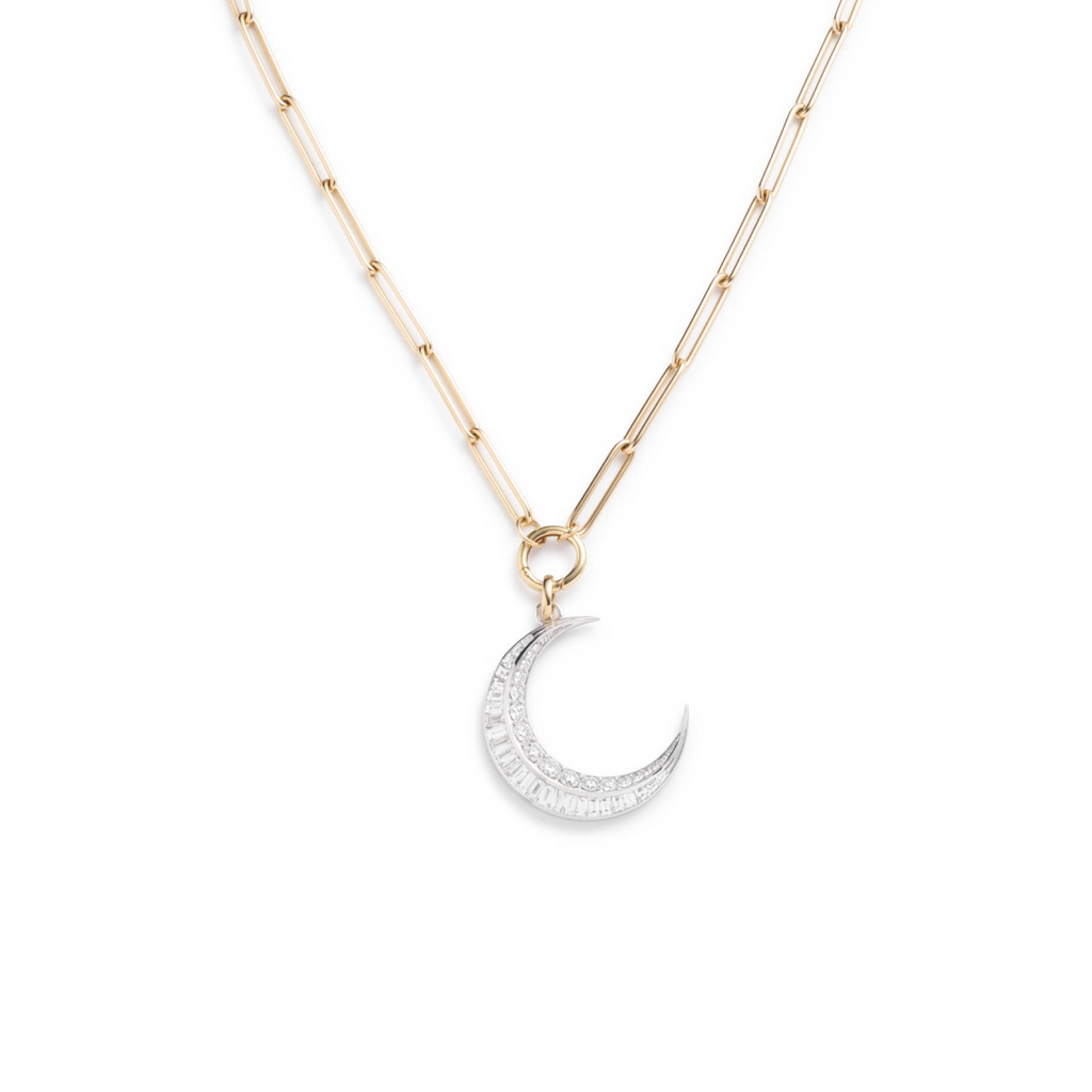 Diamond Crescent Hanging Clockweight Element Necklace : in Mixed Gold view 1