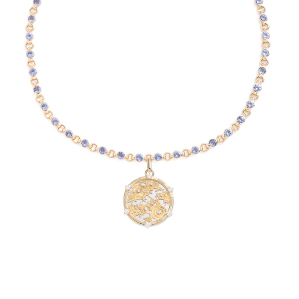 Floral Screen Resilience Tanzanite Link Rivière Necklace : in Mixed Gold with Diamonds