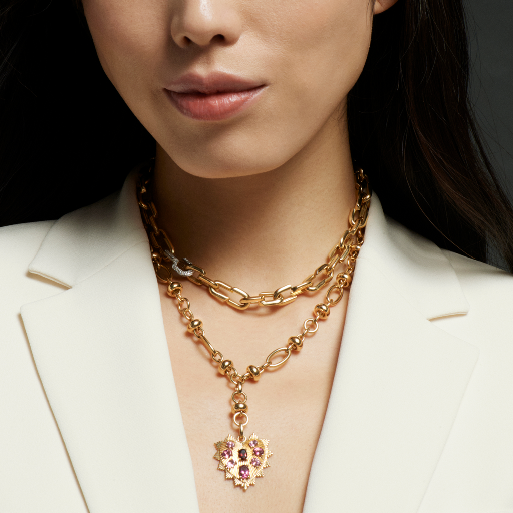 Gemstone Heart Love Token Orbit Chain Extension Necklace : in Yellow Gold with Pink Tourmaline and Garnet view 2