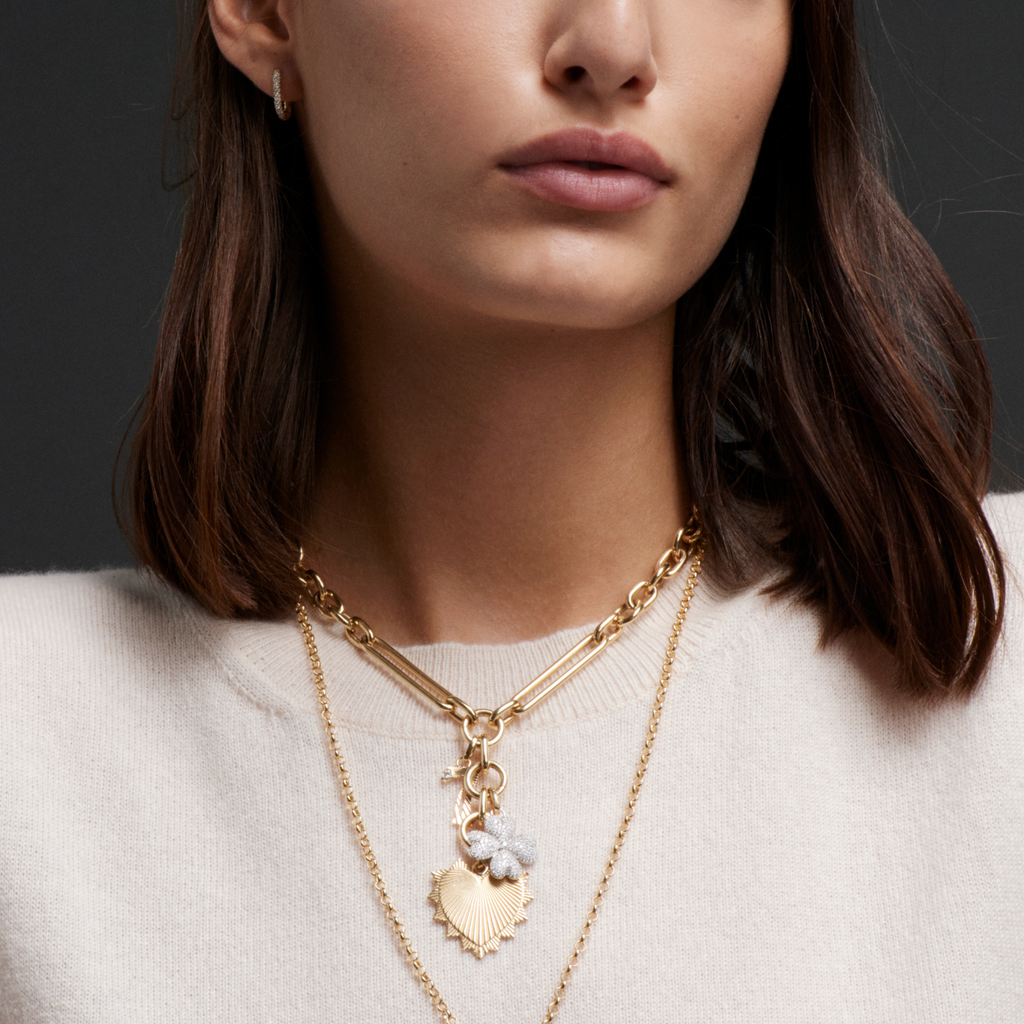 Heart Love Token and Four Heart Clover Oversized Mixed Clip Story : in Mixed Gold with Diamonds view 2