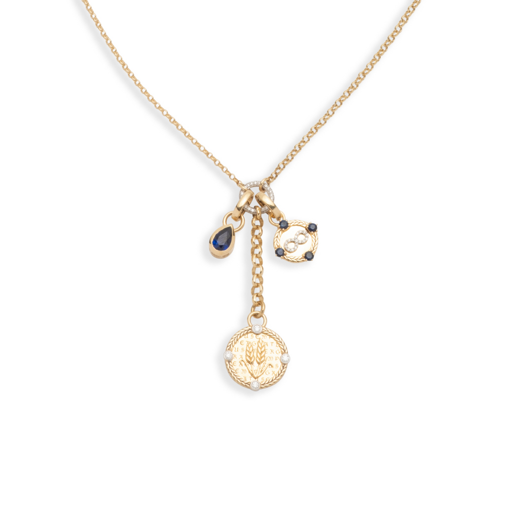 Infinite Gratitude and Forever & Always a Pair Small Mixed Belcher Extension Story : in Yellow Gold with Diamonds and Blue Sapphire view 1