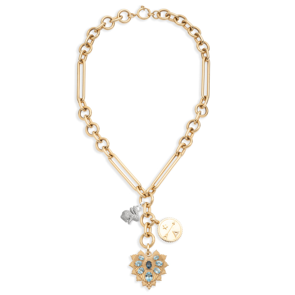 18K Mixed Gold Heart Love Token and Dream Oversized Mixed Clip Story : in Mixed Gold with Diamonds and Multi Blue Gemstones – FoundRae view 3