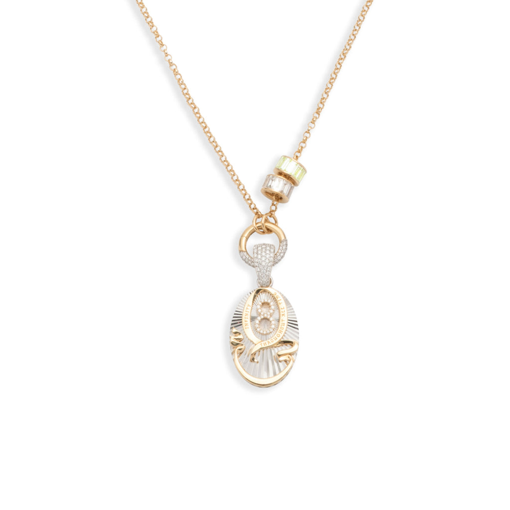 Karma and Heart Beats Small Belcher Open Chain Necklace : in Mixed Gold with Diamonds and Peridot view 1