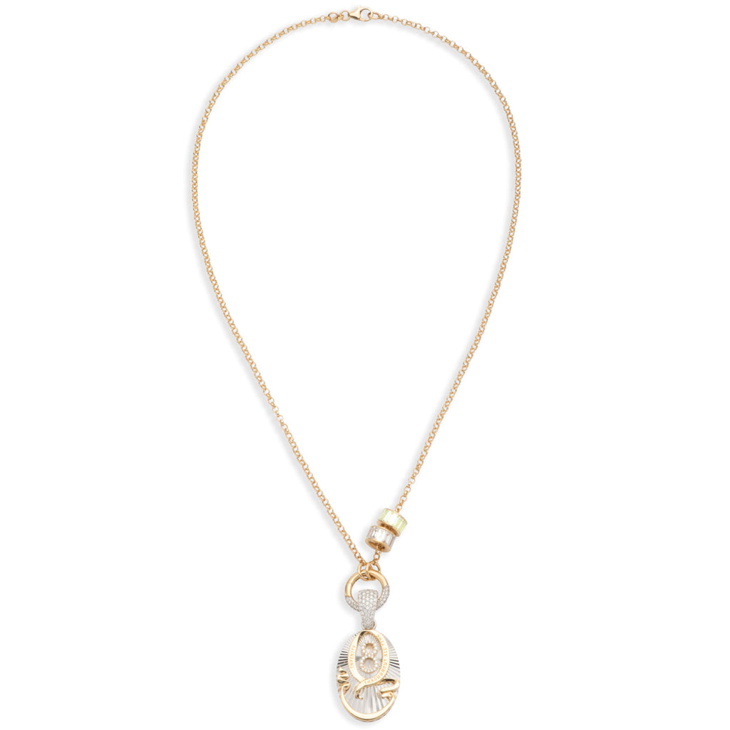 18K Mixed Gold Karma and Heart Beats Small Belcher Open Chain Necklace : in Mixed Gold with Diamonds and Peridot – FoundRae view 3
