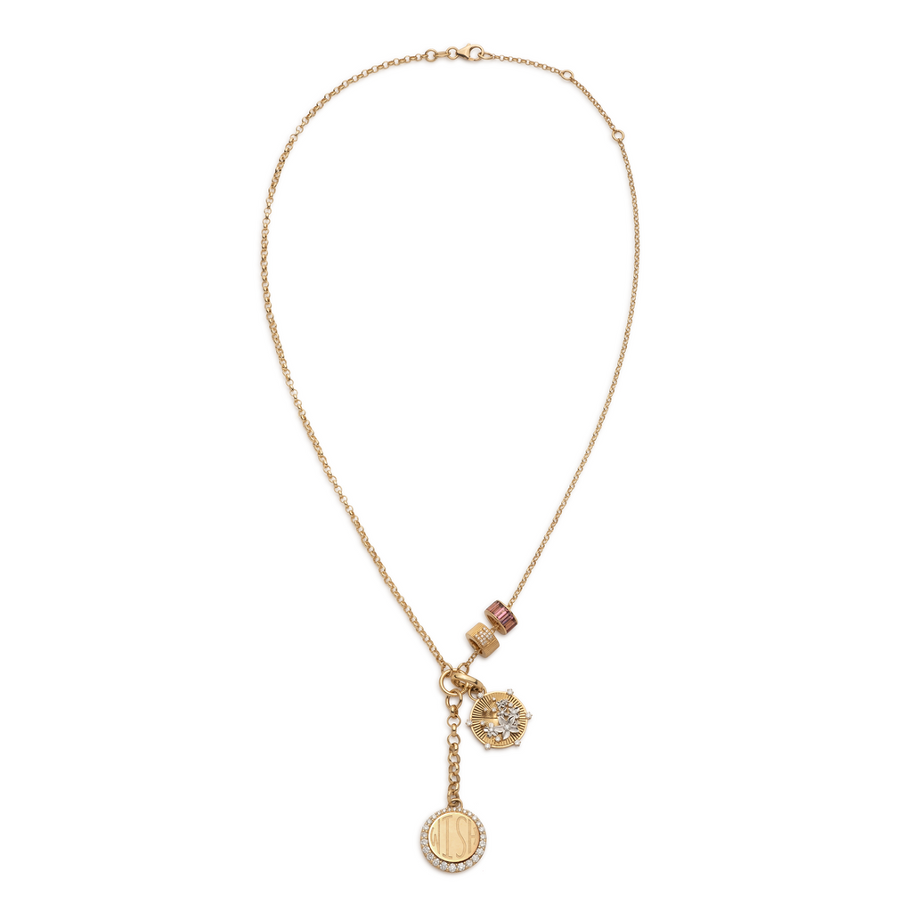 18K Yellow Gold Pave Engravable and Blossoms Small Mixed Belcher Story : in Mixed Gold with Diamonds and Pink Tourmaline – FoundRae view 3