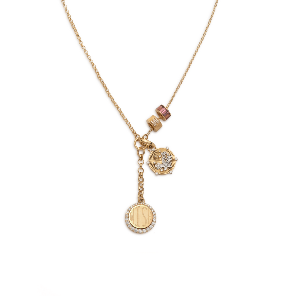 Pave Engravable and Blossoms Small Mixed Belcher Story : in Mixed Gold with Diamonds and Pink Tourmaline view 1