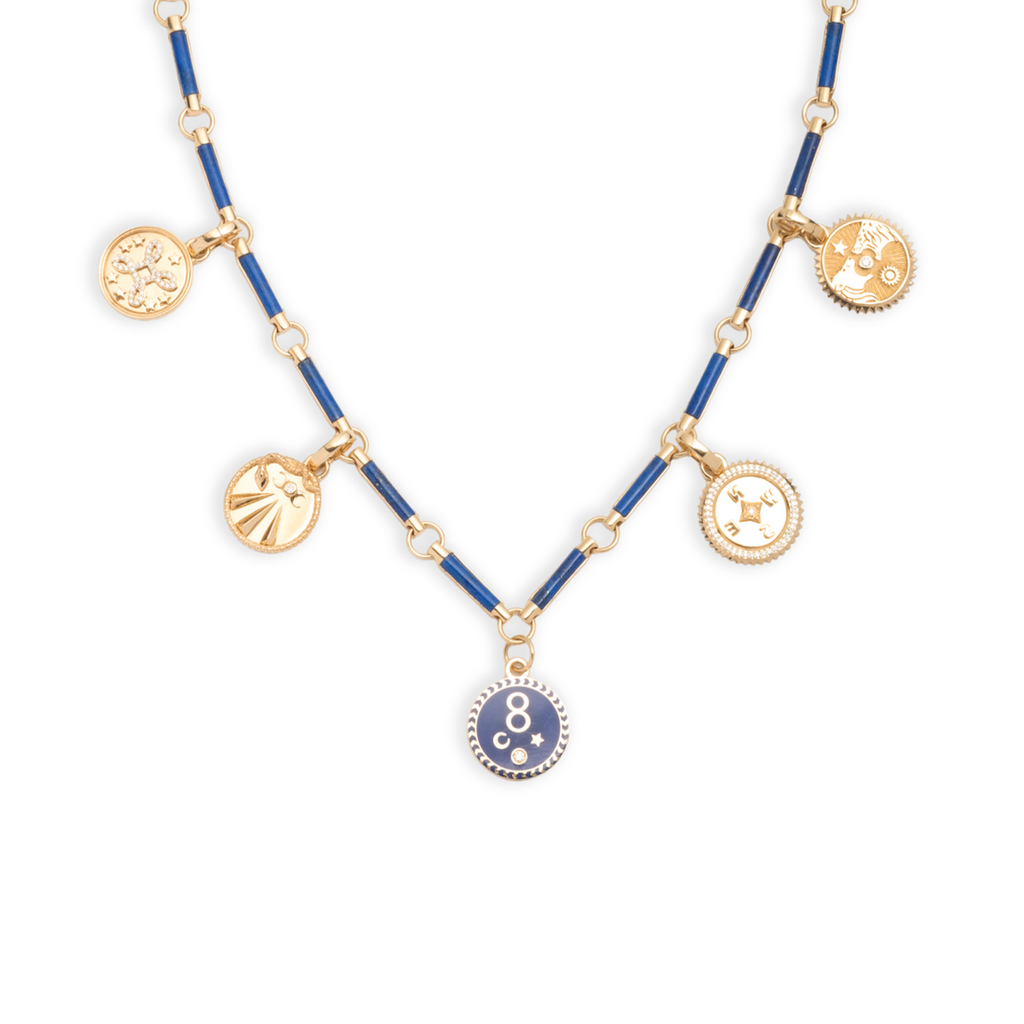 Multi-Tenet Lapis Lazuli Stone Chain Story : in Yellow Gold with Diamonds and Blue Ceramic view 1