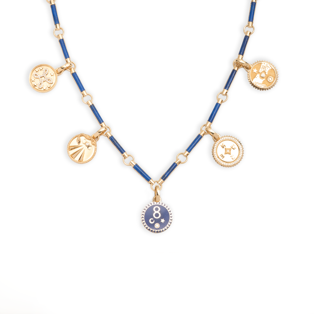 18K Yellow Gold Infinite Gratitude | Karma and Multi-Tenet Element Necklace | Diamonds, Lapis, Blue Ceramic, Yellow Gold – FoundRae view 1