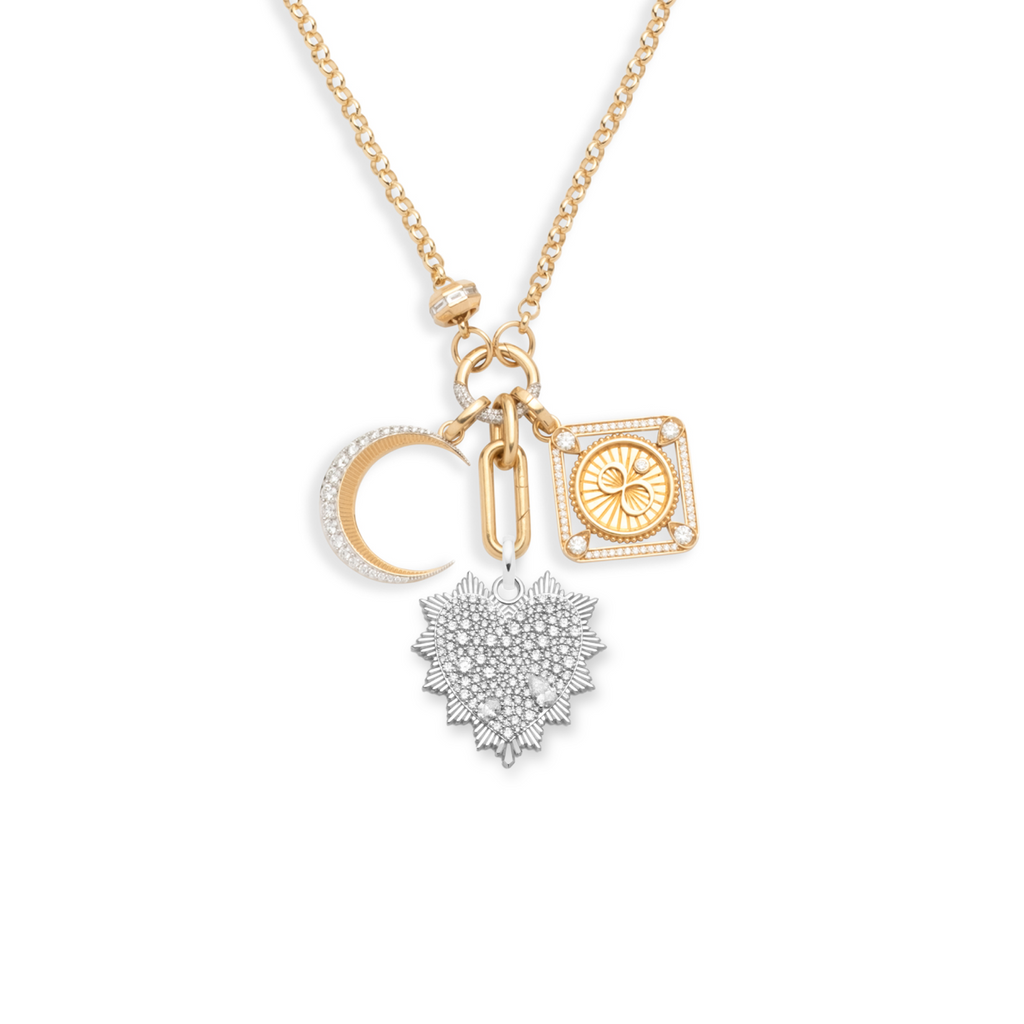 Heart Love Token and Karma Heavy Belcher Open Chain Story : in Mixed Gold with Diamonds view 1