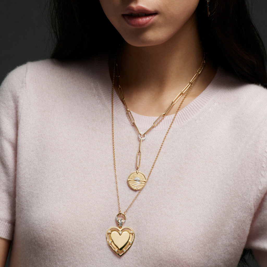 Engravable Heart Small Belcher Open Chain Necklace : in Yellow Gold with Diamonds view 2