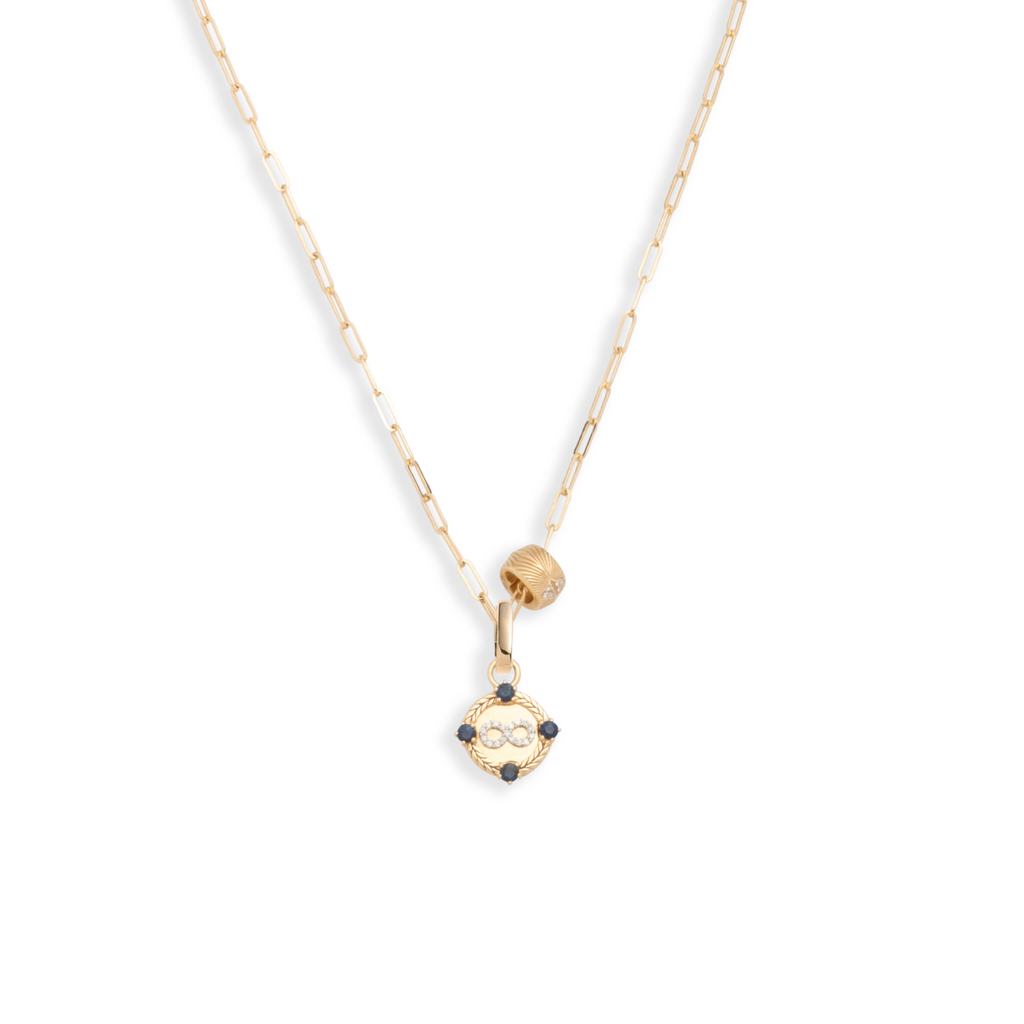 Infinity and Protection Super Fine Clip Necklace : in Yellow Gold with Diamonds and Blue Sapphire view 1