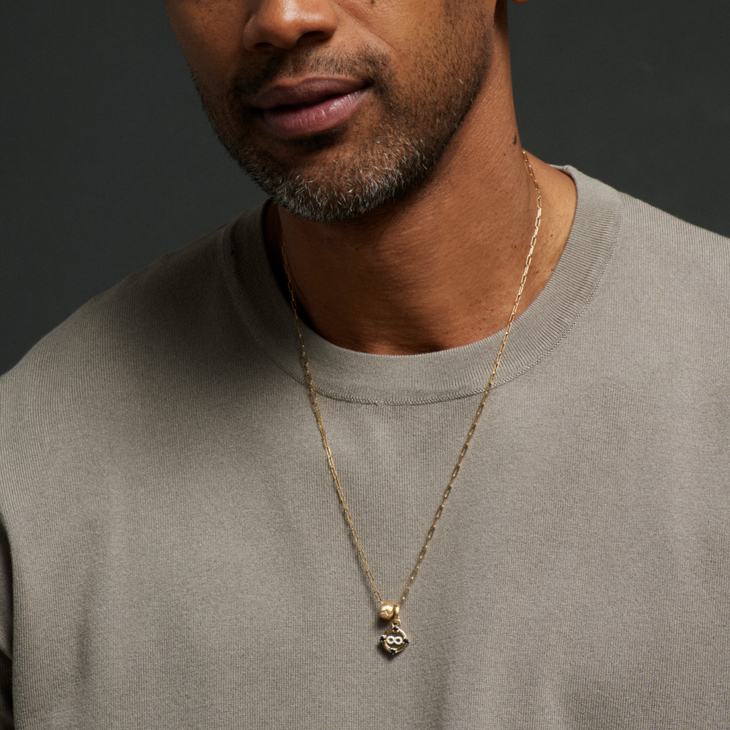 Infinity and Protection Super Fine Clip Necklace : in Yellow Gold with Diamonds and Blue Sapphire view 2