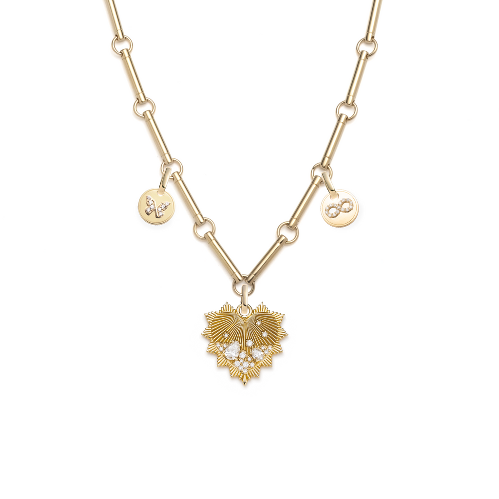 Encrusted Heart and Infinity Element Chain Story : in Yellow Gold with Diamonds view 1